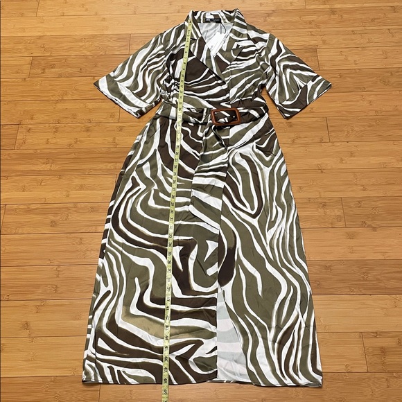 Zara Animal Print Shift Midi Dress Medium V Neck Belted Notched Collar Faux Wrap - Picture 17 of 17